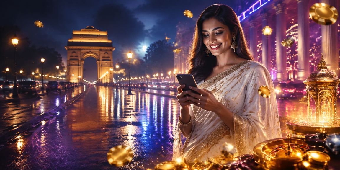 Indian woman using casino app near India Gate in Delhi