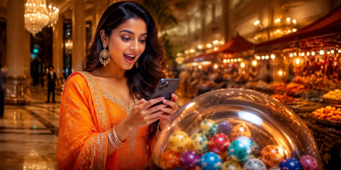 Night market in India with colorful lottery stalls