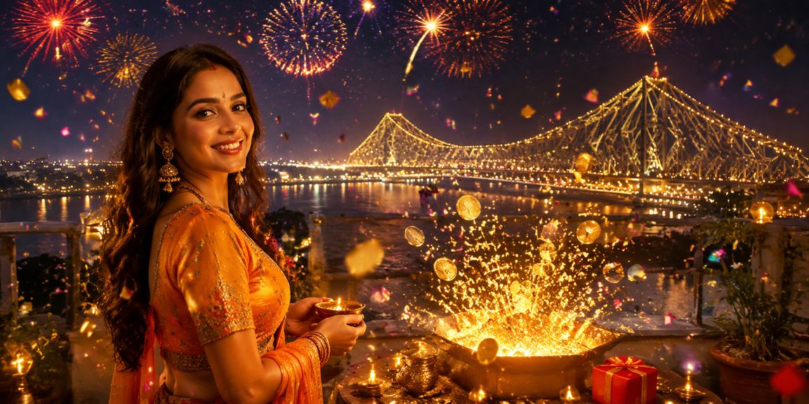Kolkata Howrah Bridge with casino betting neon lights and Indian model